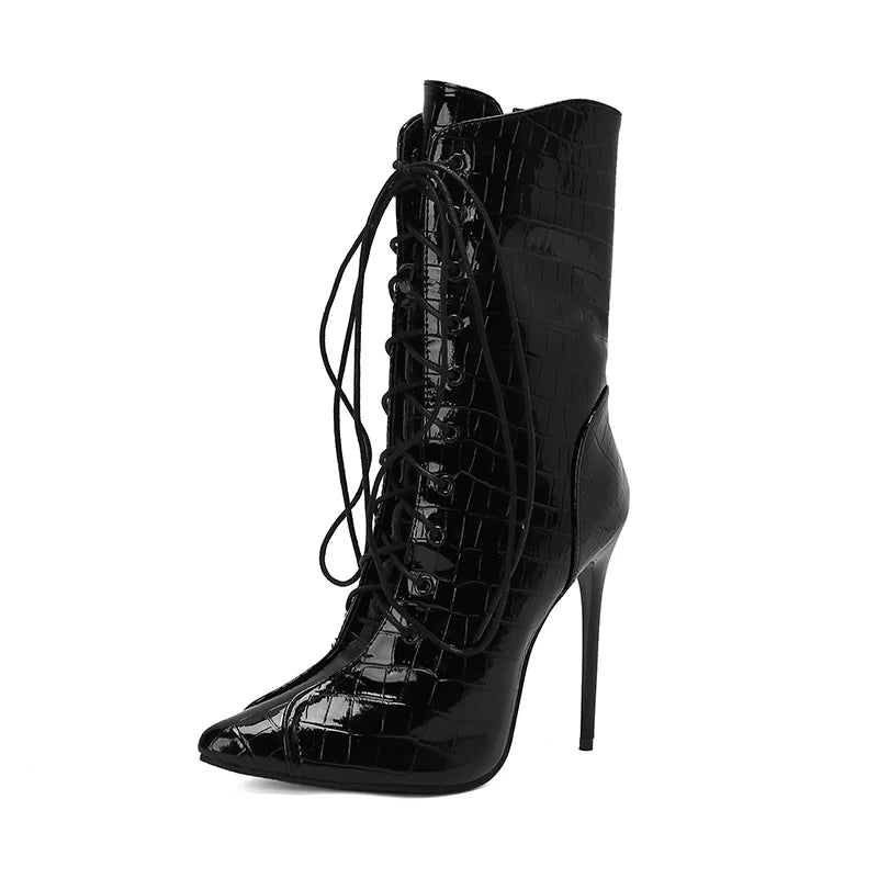 Alligator Pattern Lace Up Stiletto Ankle Boots for Women