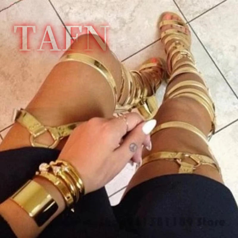 Golden Thigh High Buckled Gladiator Sandals for Women