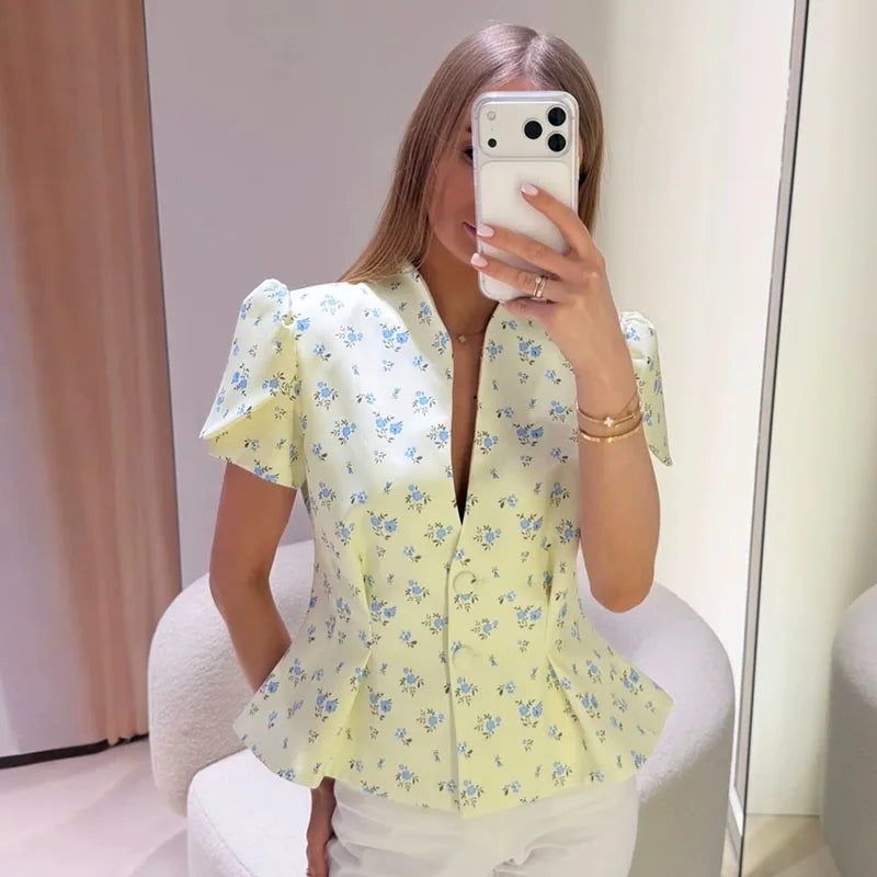 Elegant Printed Puff Sleeve Stand Collar Shirt for Women