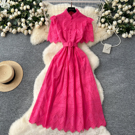 O-Neck Sash Embellished A-Line Dress