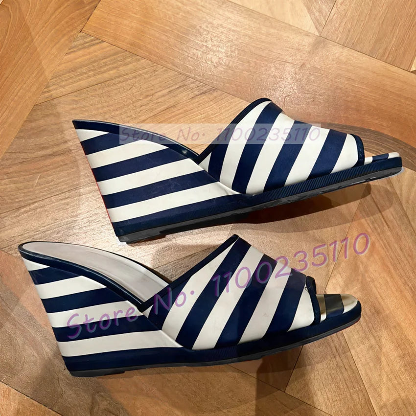 Elegant Red Stripe Canvas Open Toe Wedge Mules For Women