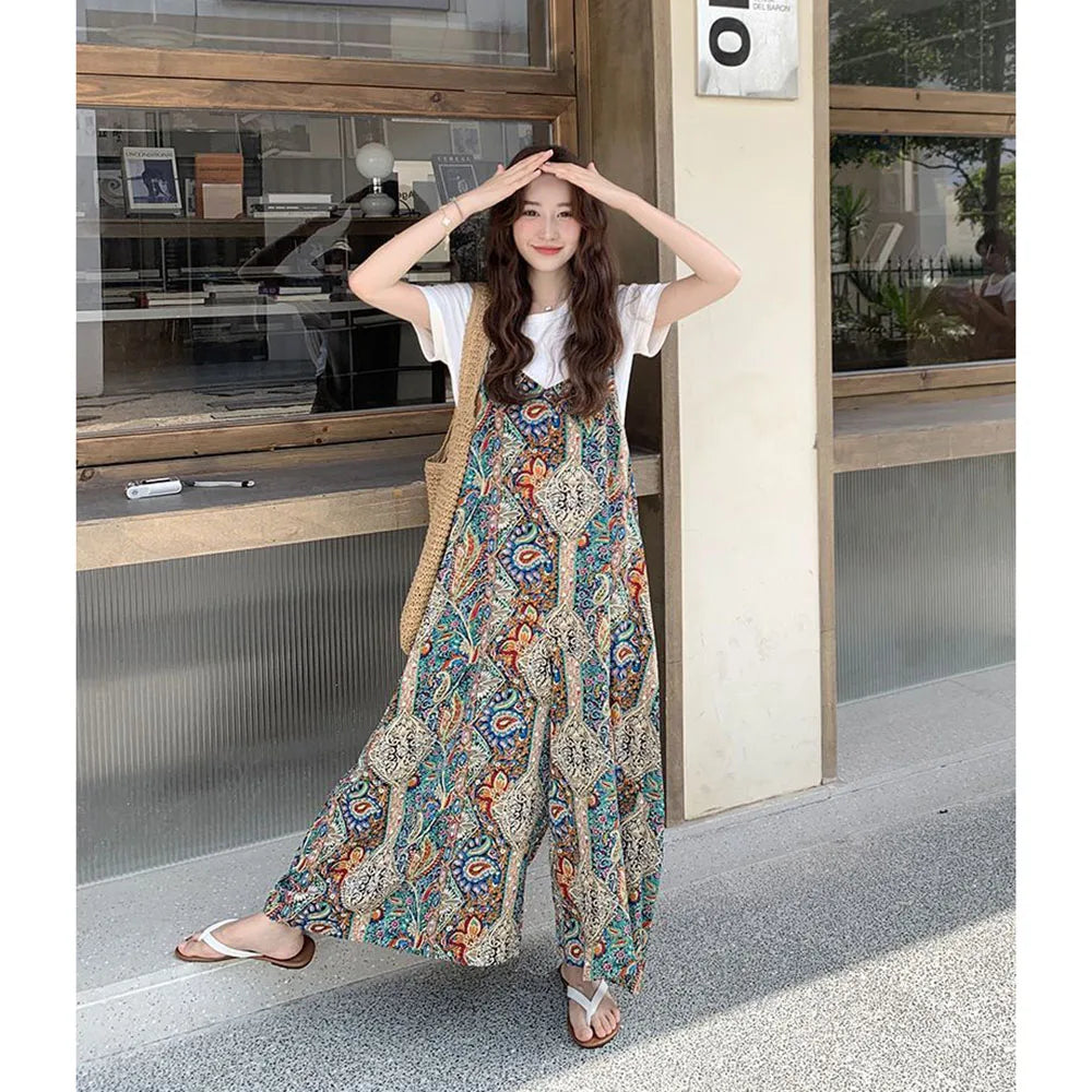 Vintage Bohemian Printed Wide Leg Casual Jumpsuit For Women