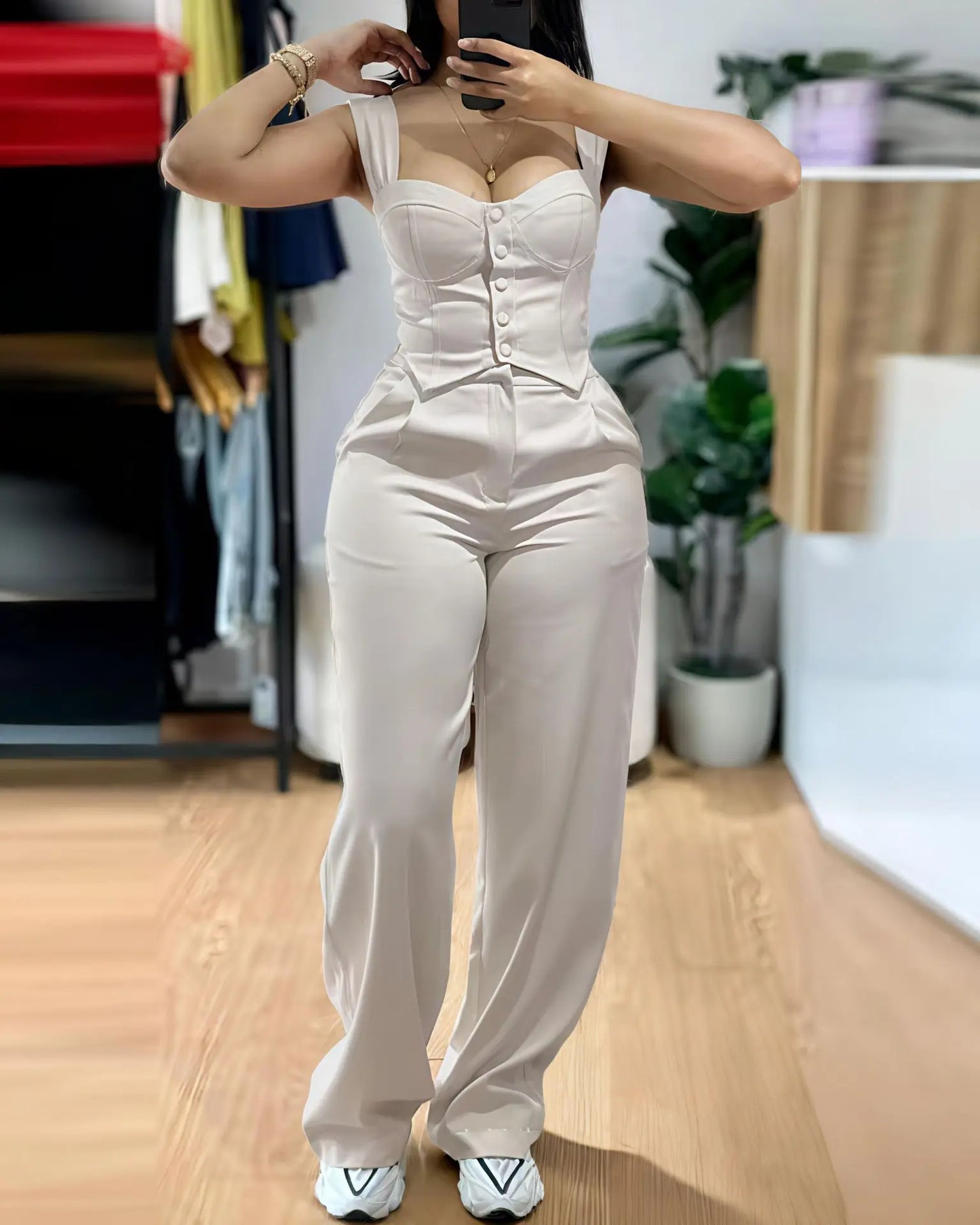 Elegant Solid Color Strapless Suspender Vest Trousers Two-Piece Set for Women