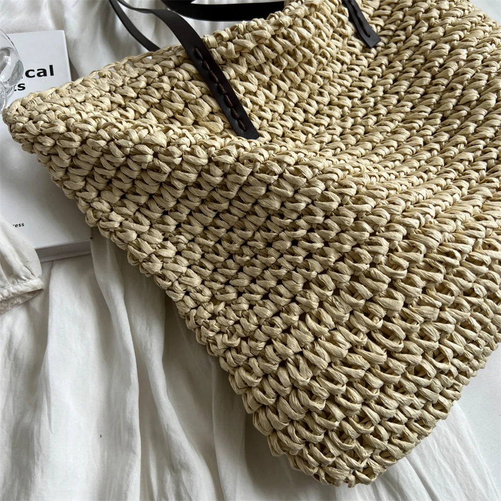 Large Capacity Straw Woven Shoulder Tote Bag for Women