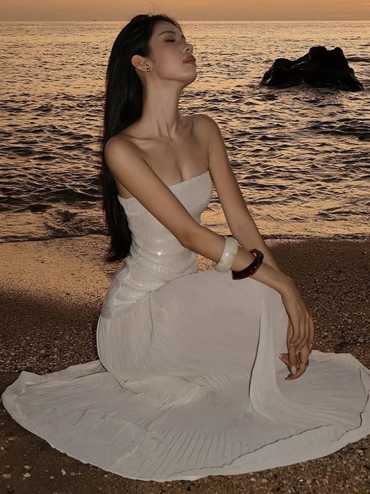 SIsterlinda Fashion Chic Sequin Dress Women Sexy Sleeveless Patchwork Zipper Beach Vacation Birthday Party Club Stretch Bodycon