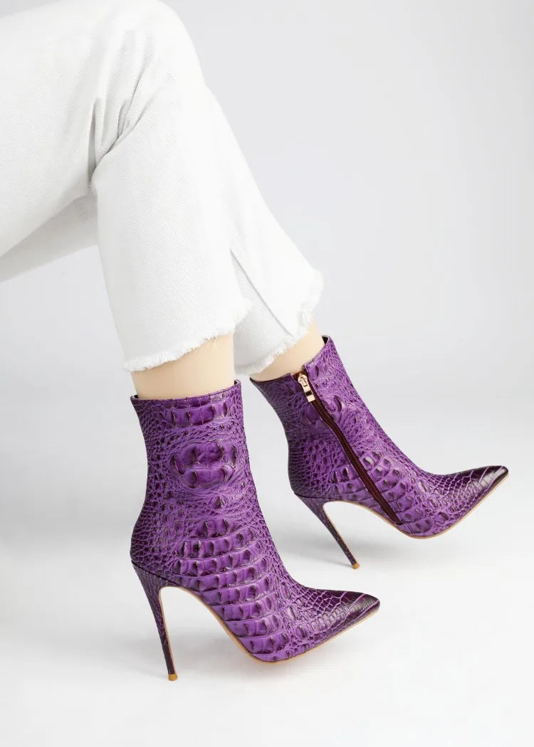Purple Crocodile Stiletto Ankle Boots