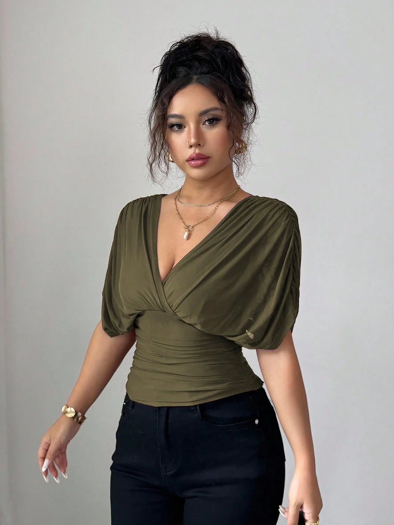 Elegant Deep V Neck Flutter Sleeve Waist Cinching Top for Women