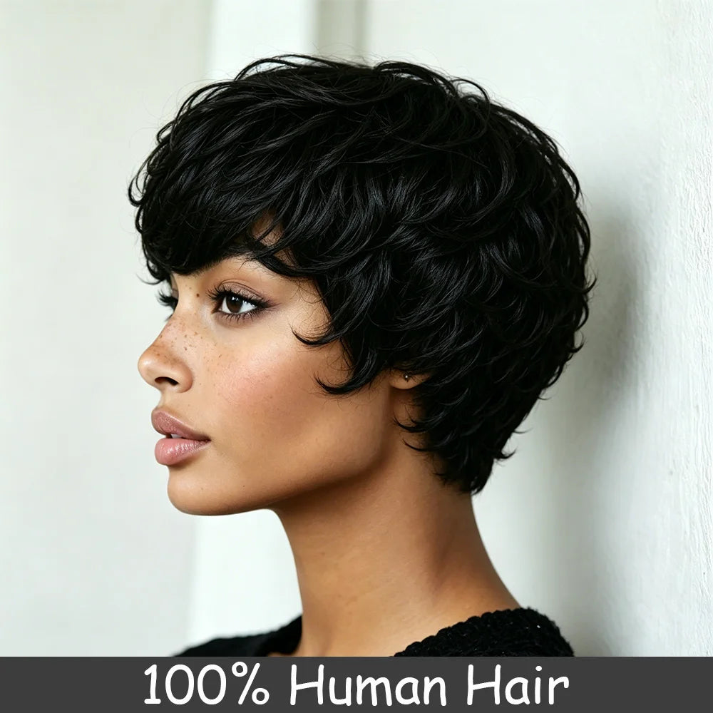 Pre Plucked Straight Human Hair Short Pixie Wig for Women
