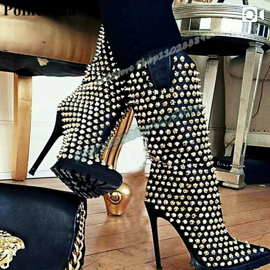 Mid Calf Black Full Rivets Pointy Boots Thin High Heel Shoes For Women Side Zipper Pointed Toe Luxury Party Sexy Women Boots