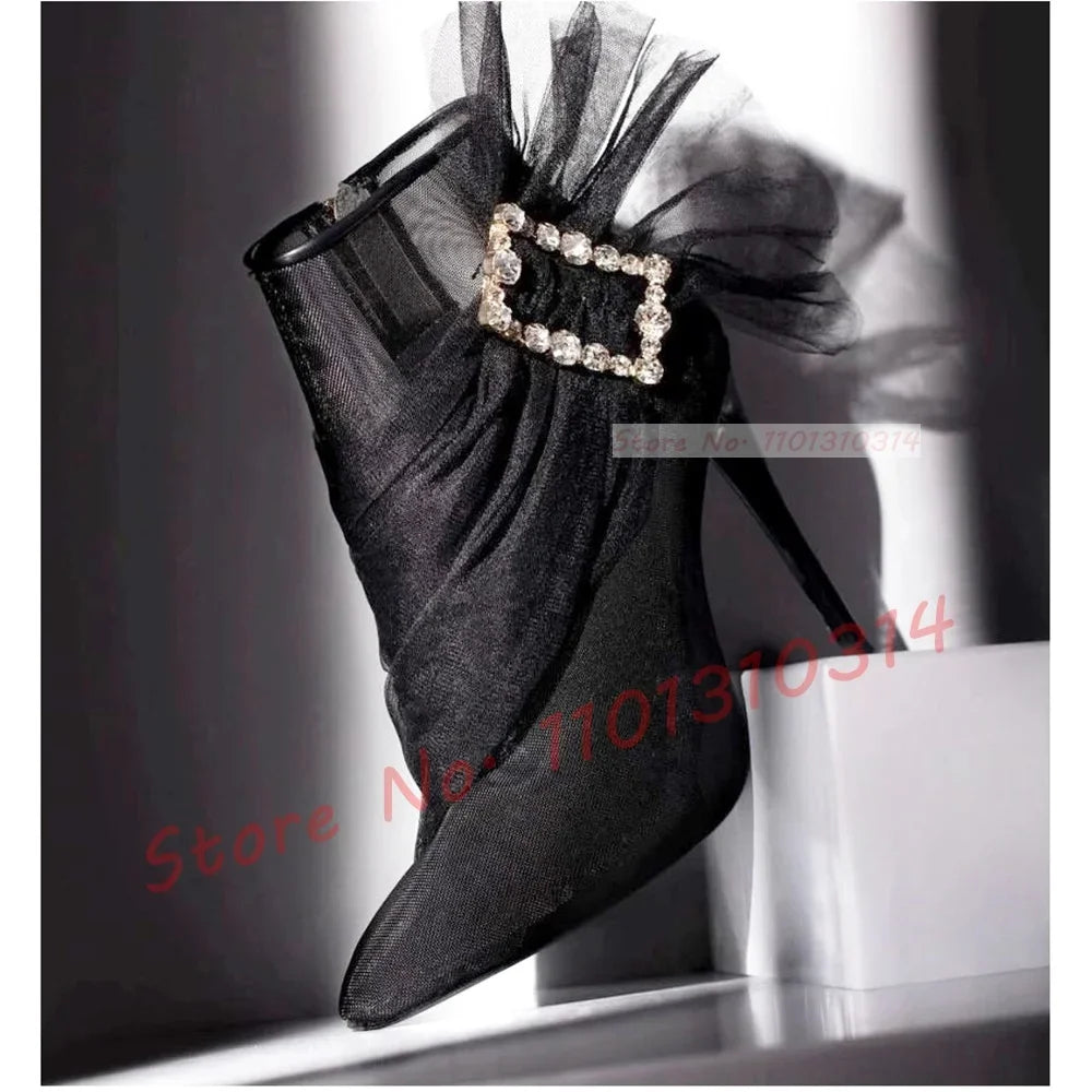 See Through Mesh Crystal Buckle Ankle Booties for Women