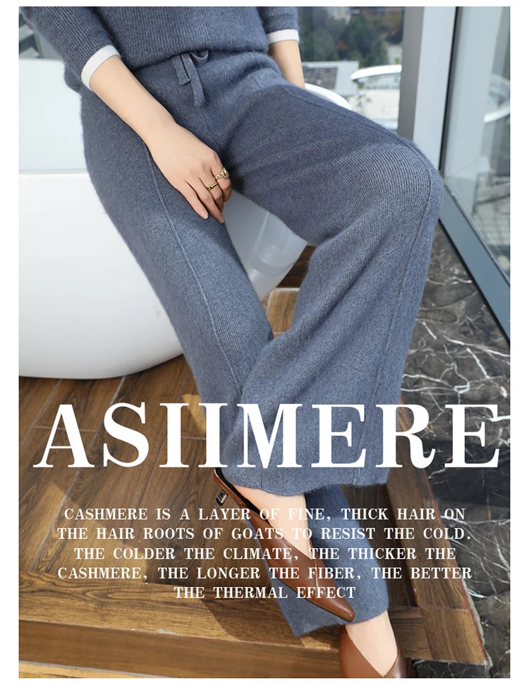 Elastic Waist Wide-Leg Knitted Cashmere Trousers for Women