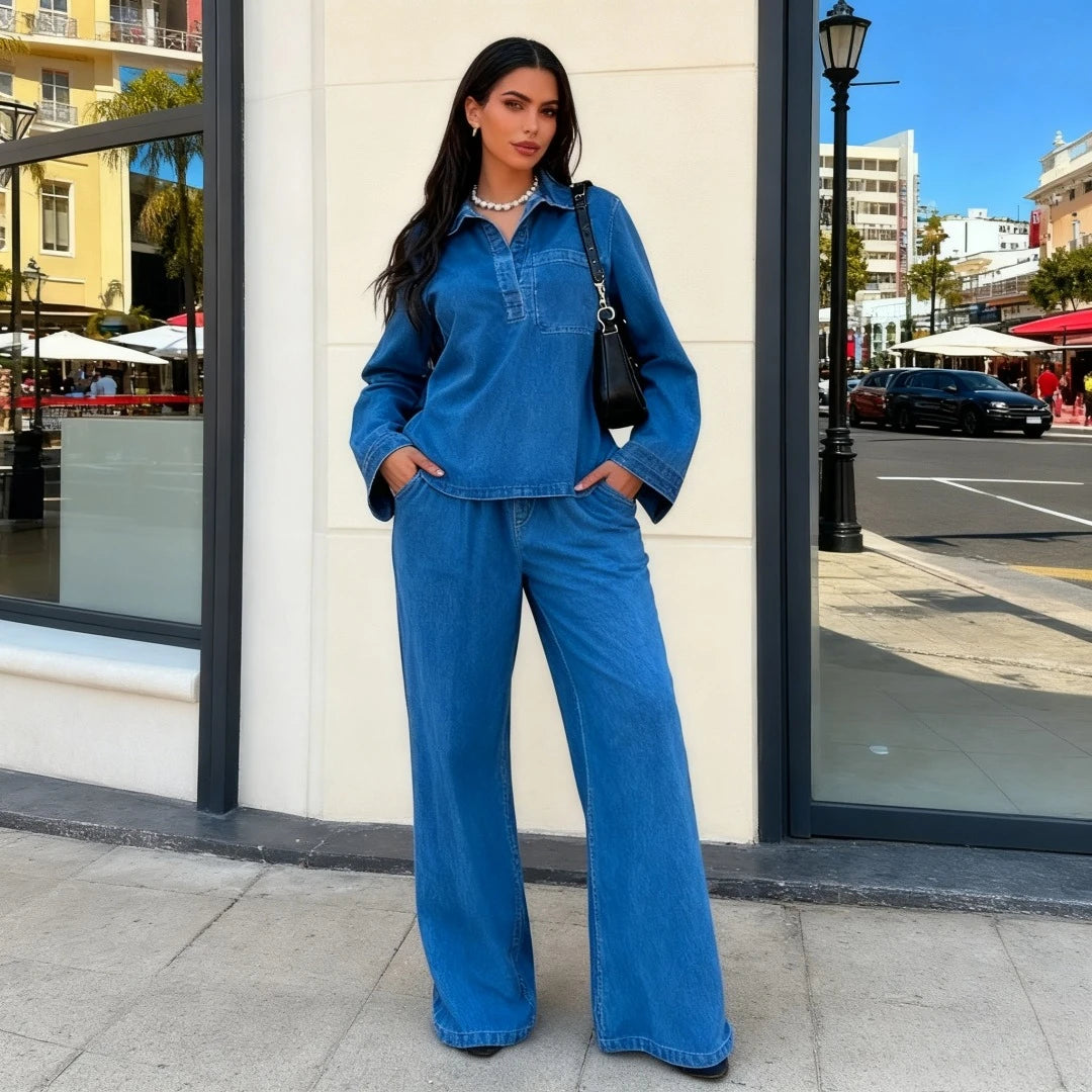 Matching Two Piece Denim Shirt and Wide Leg Pants Set for Women