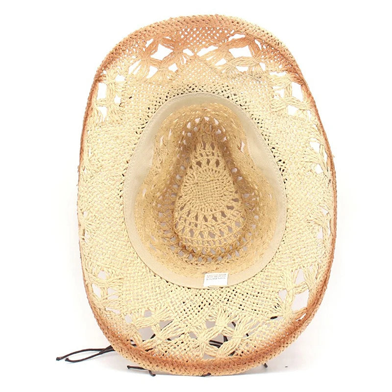 Creative Curled Straw Ethnic Beaded Chain Cowboy Hat for Women