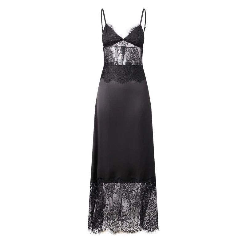 Satin Spaghetti Strap Deep V Neck Lace Patchwork Maxi Dress for Women