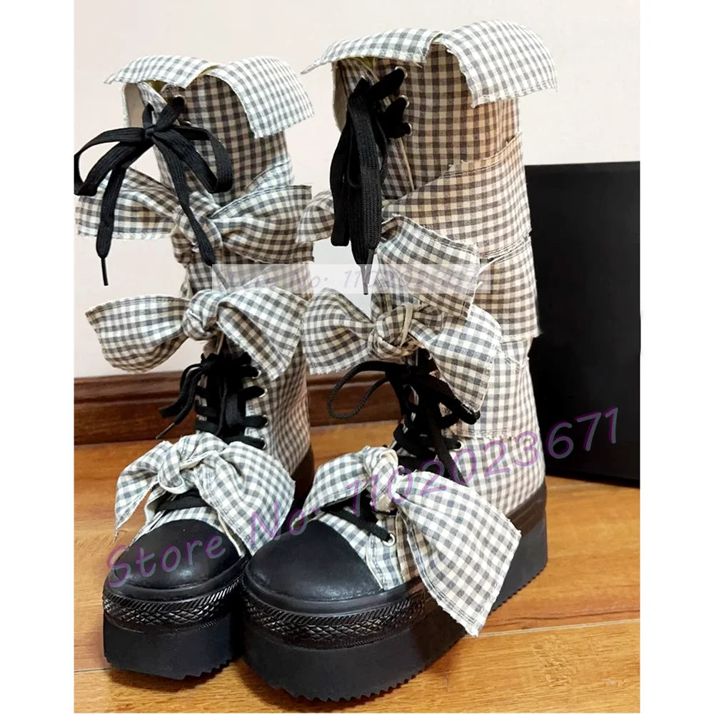 Bowknots Thick-sole Long Canvas Shoes Women Trendy Round Toe Cool Plaid Shoes Girl's Lolita Sweet Lace-up Platform Tall Boots