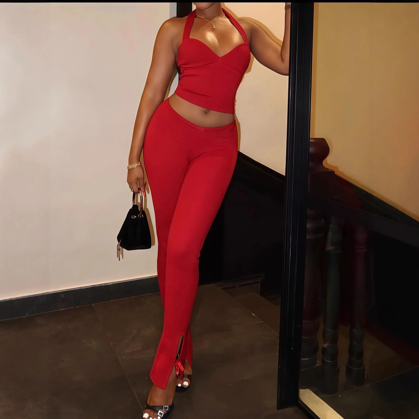 Solid Color Halter Neck Crop Top Two Piece Set for Women