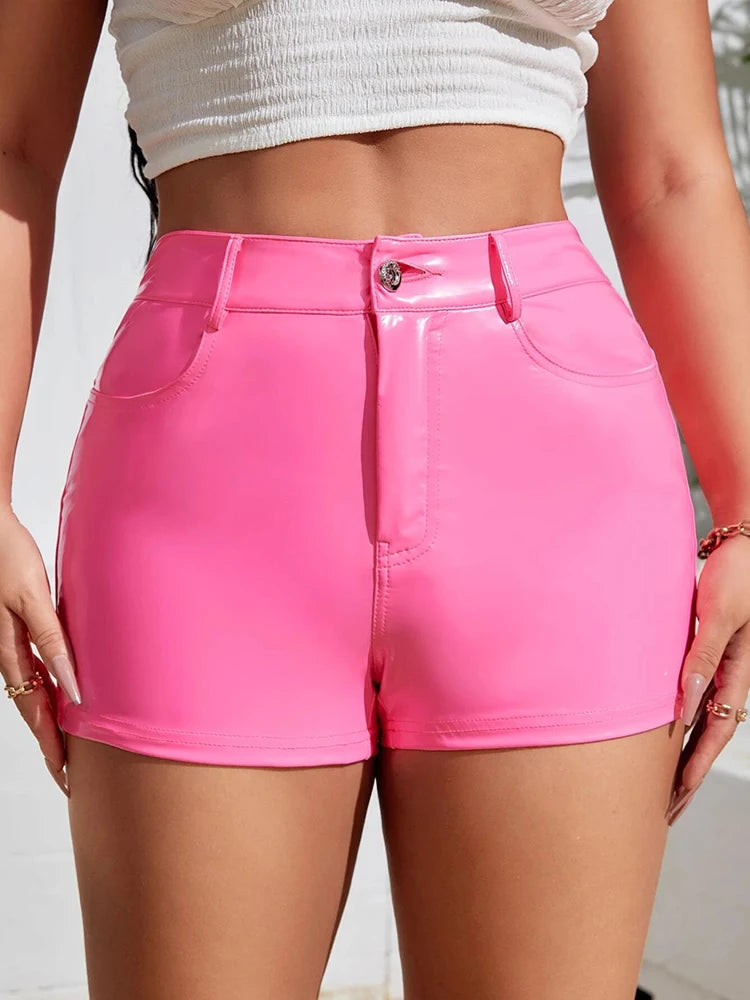 High Waist Shiny Faux Leather Shorts With Side Pockets For Women