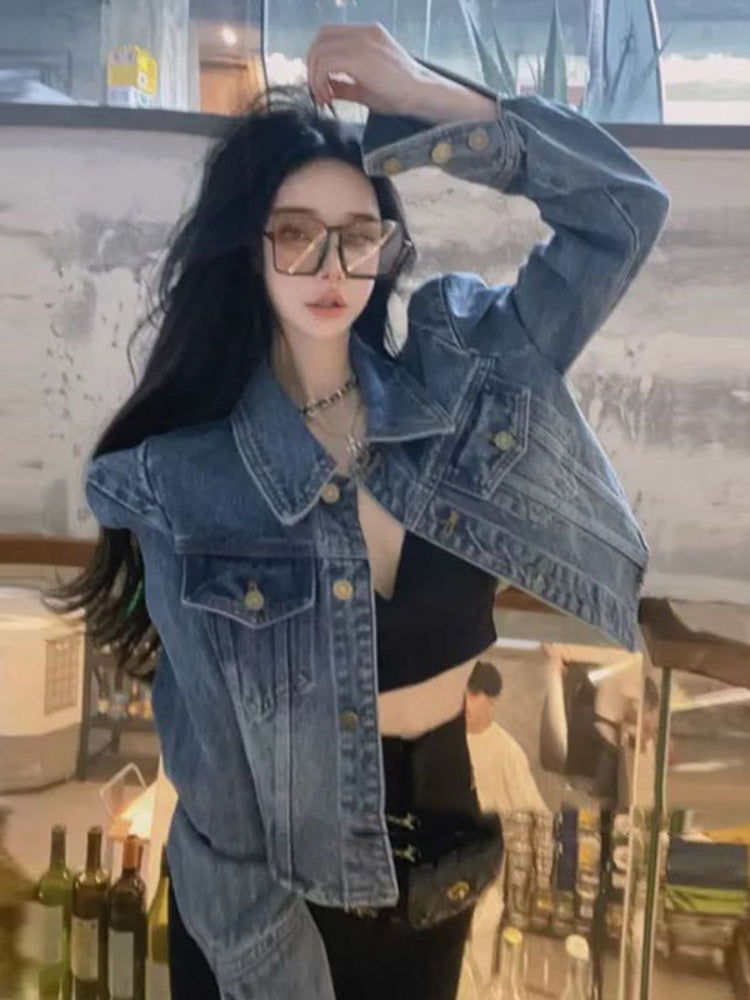 Front Zipper Vintage Denim Cropped Jacket For Women