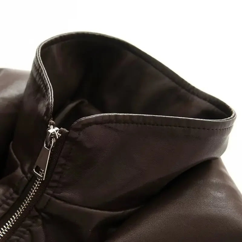 Cropped Oversized Black Leather Bomber Jacket for Women
