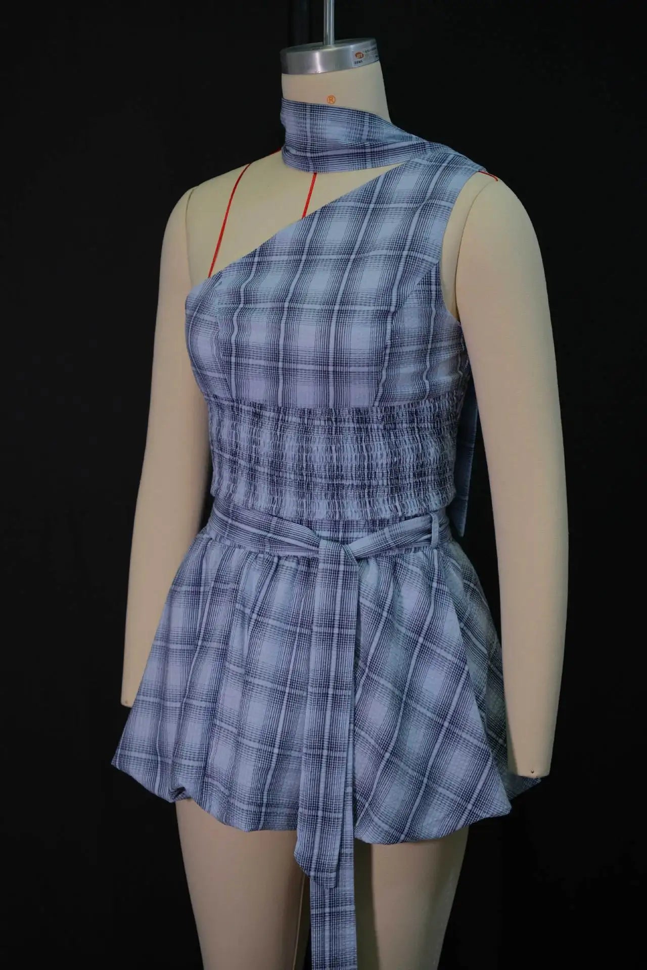 Blue Plaid Halter Cutout Mini Two Piece Set for Women