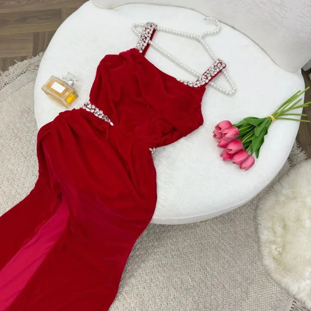 Red Front Split Beaded Satin Evening Dress for Women