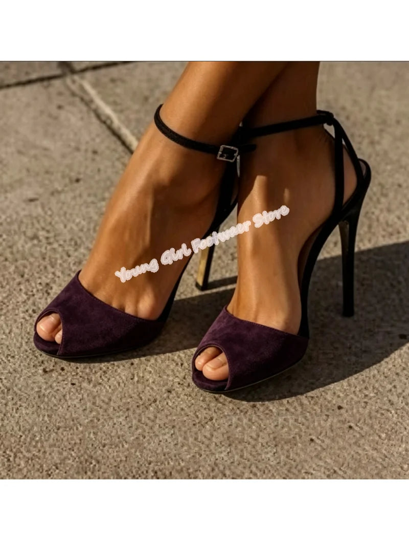Golden T Strap Open Toe Stiletto Heels With Ankle Buckle For Women