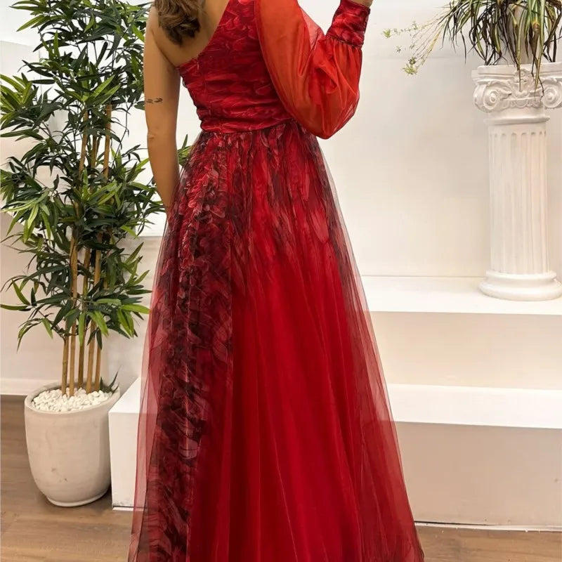 New One Shoulder Sleeve Pleats Bridesmaid Dress Vintage Pattern Printed High Waist Long Dress Sexy Asymmetric Mesh Evening Dress