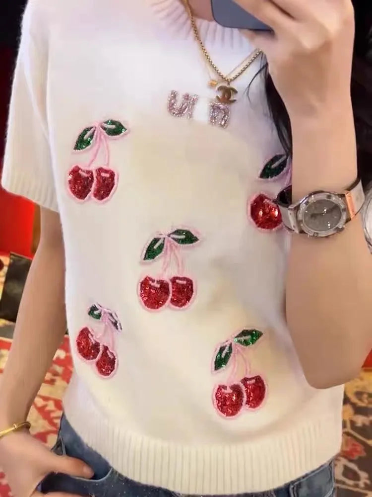 Sequined Beaded Cherry Knit Sweater Top With Short Sleeves for Women
