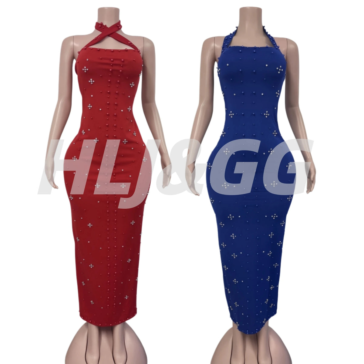 Pearl Patchwork Halter Backless Bodycon Dress for Women