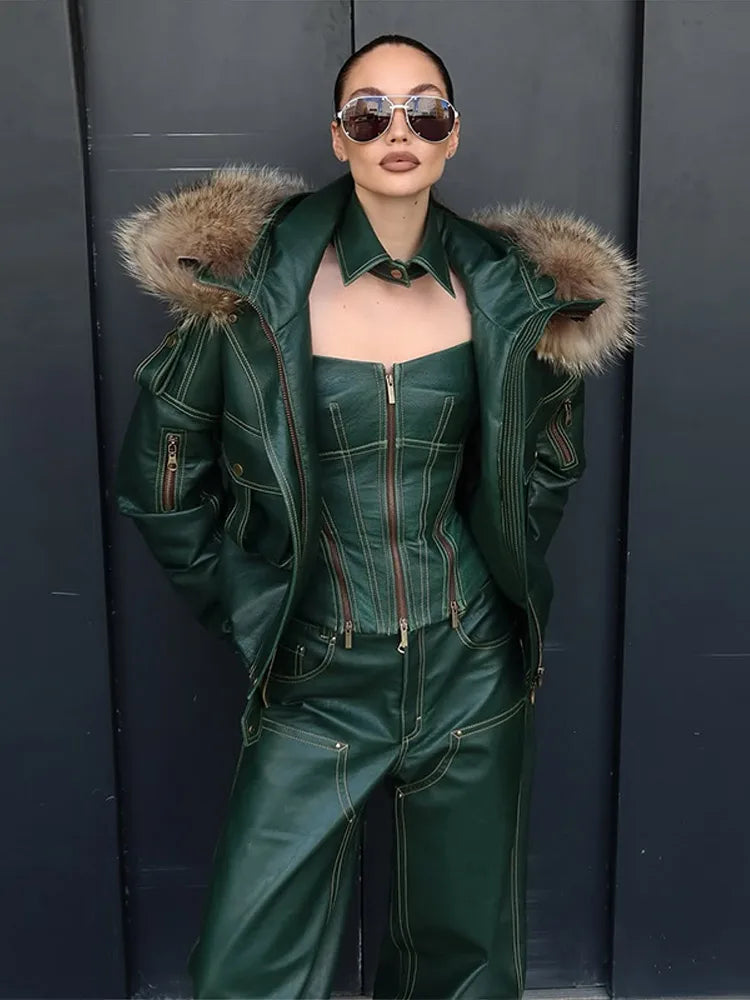 Fur Collar Women 's Leather Jackets Vintage Hooded Zipper Pockets Full Sleeve Jackets Lady 2025 New Woman Winter Coats Outwears