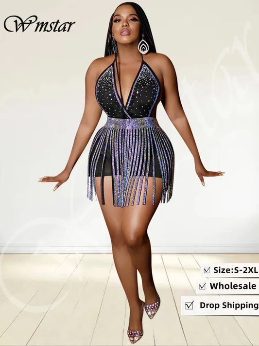 Wmstar Two Piece Set Women Sexy Dress Sets Summer Clothes Crop Top Tassel Skirts Matching Club Outfits Wholesale Dropshipping
