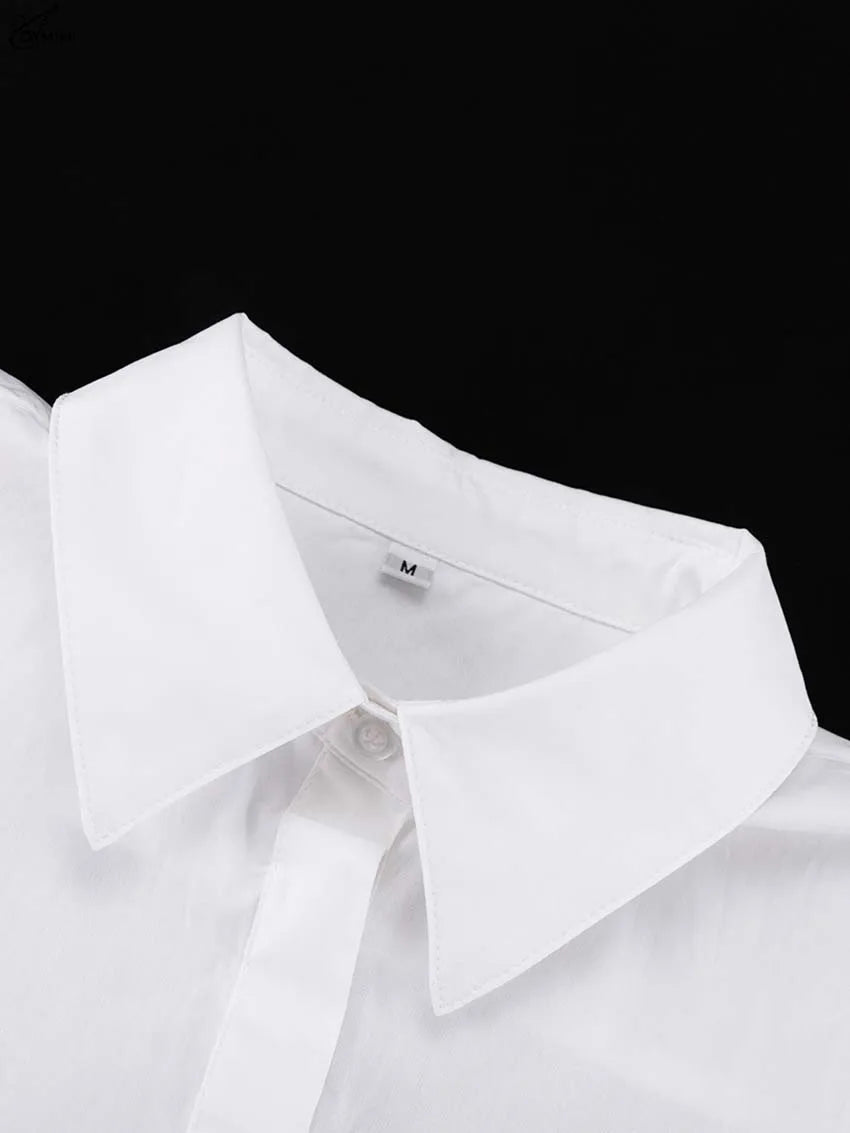 Oymimi Elegant White Cotton Dresses 2025 Woman Fashion Turn-Down Collar Half Sleeve Button Dress Casual Loose Mini Dress Female
