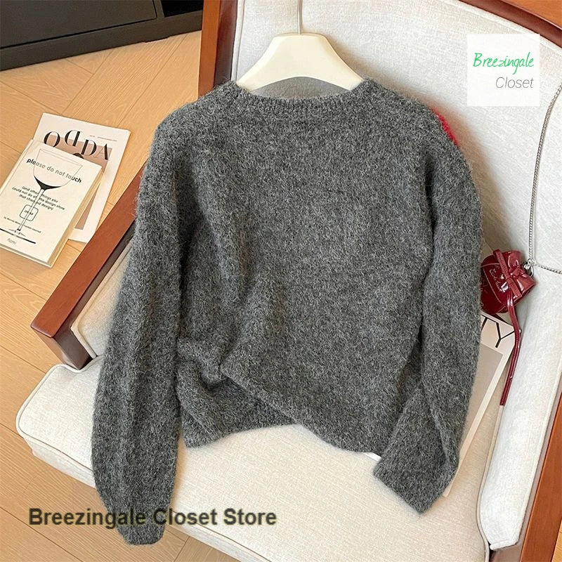Cherry Jacquard Round Neck Long Sleeve Sweater For Women