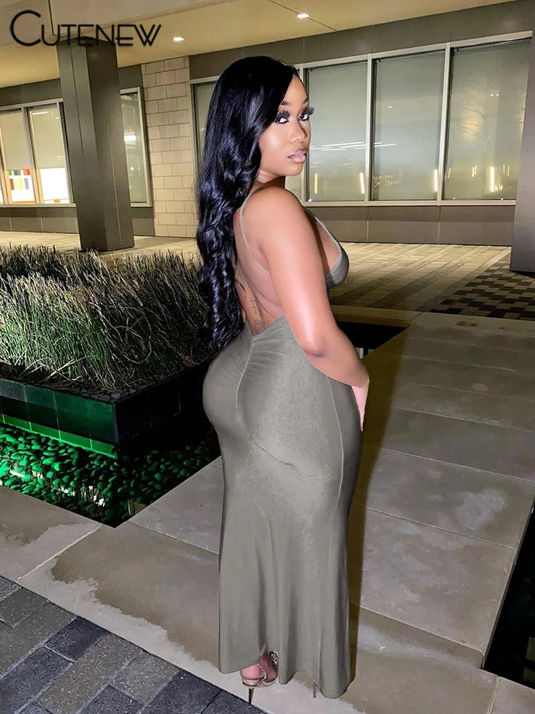 Red Shiny Backless Maxi Dress