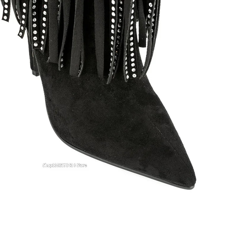 Black Pointed Toe Boots With Crystal Tassels For Women