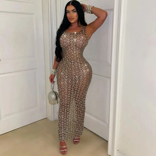 Sparkly Rhinestones Diamonds Evening Birthday Dress Women Luxury Night Party Tank Sleeveless Mesh See Through Prom Long Dresses