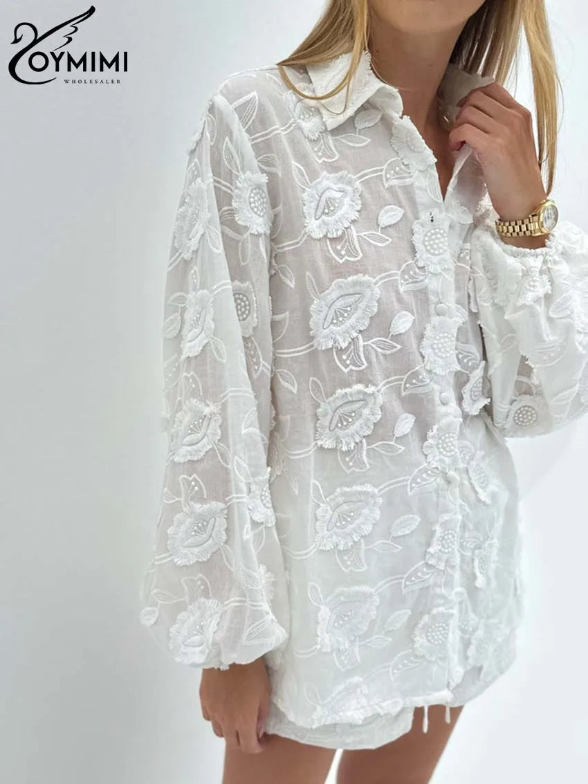 Oymimi Summer White Cotton 2 Piece Sets Women Outfit Casual Jacquard Button Wrist Sleeve Shirts And High Waist Shorts Female Set