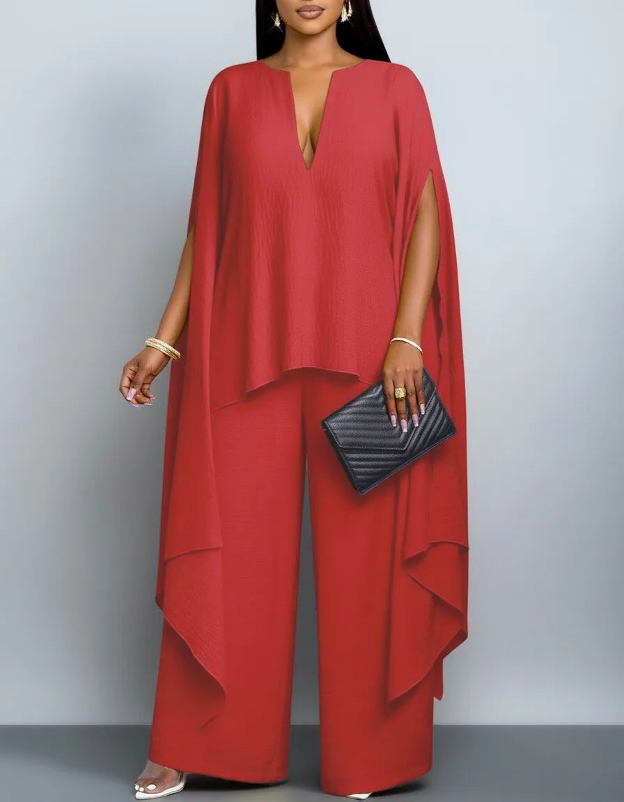 Women's Plus Size V Neck Split Cape Sleeve Loose Top Wide Leg Long Pants Set For Banquet Event Formal Daily Fashion Occasions
