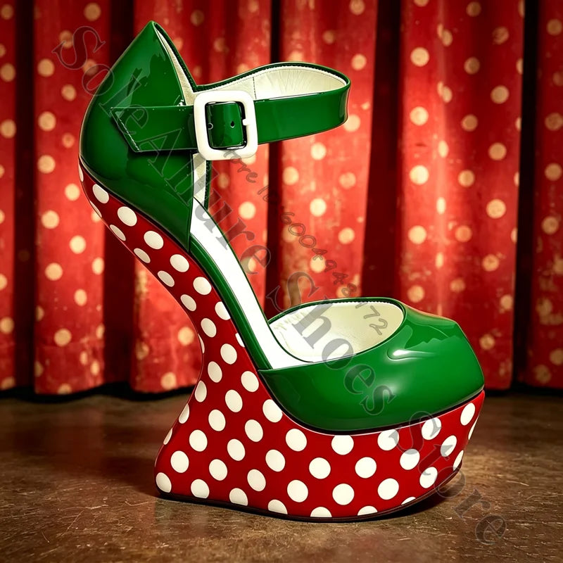 Glossy Polka Dot Buckle Strap Wedge Platform Sandals For Women