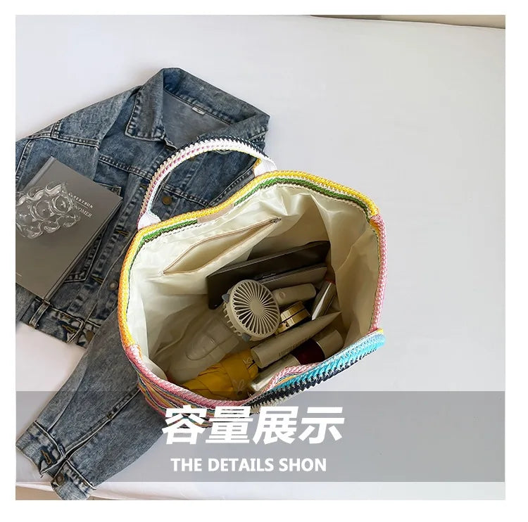 New straw woven bag, large capacity tote bag, crossbody striped letter contrasting beach bag