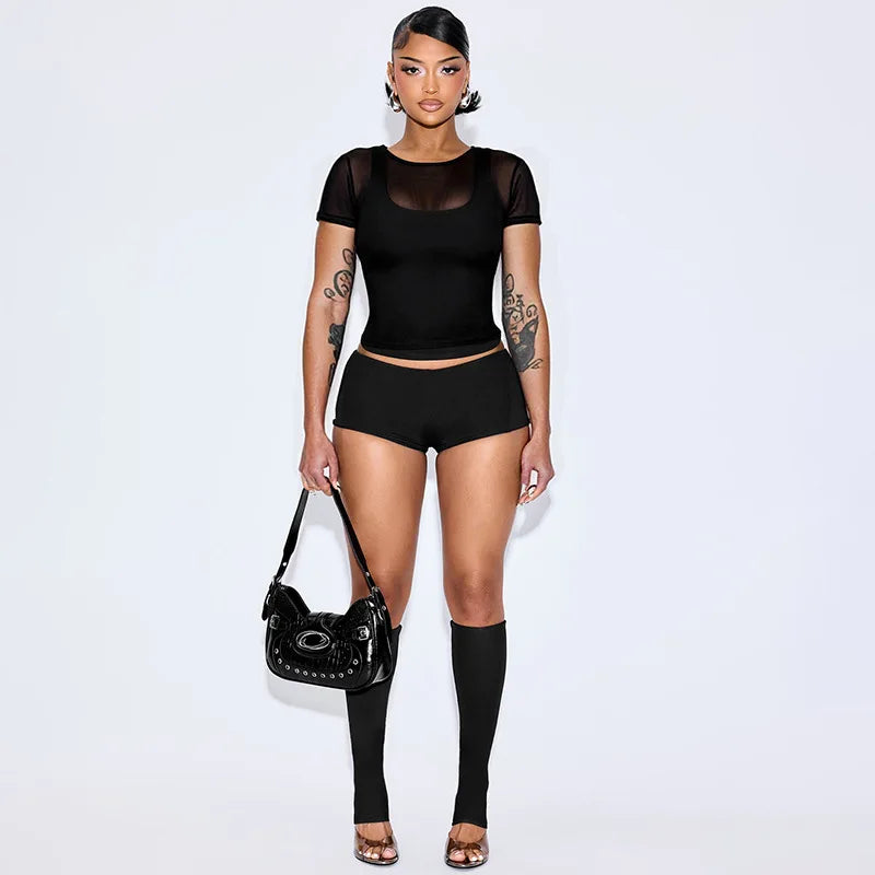 Sexy Mesh Patchwork Crop Top and Shorts Set for Women