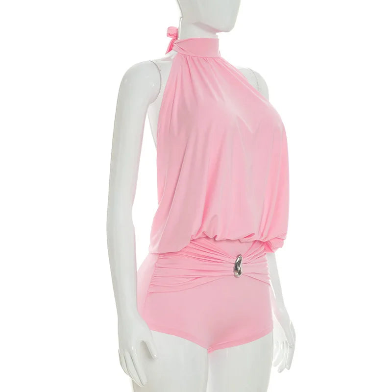 Metal Buckle Halter Backless Ruched Sleeveless Peach Rompers for Women