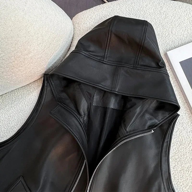 Elegant Lightweight Hooded Faux Leather Vest for Women