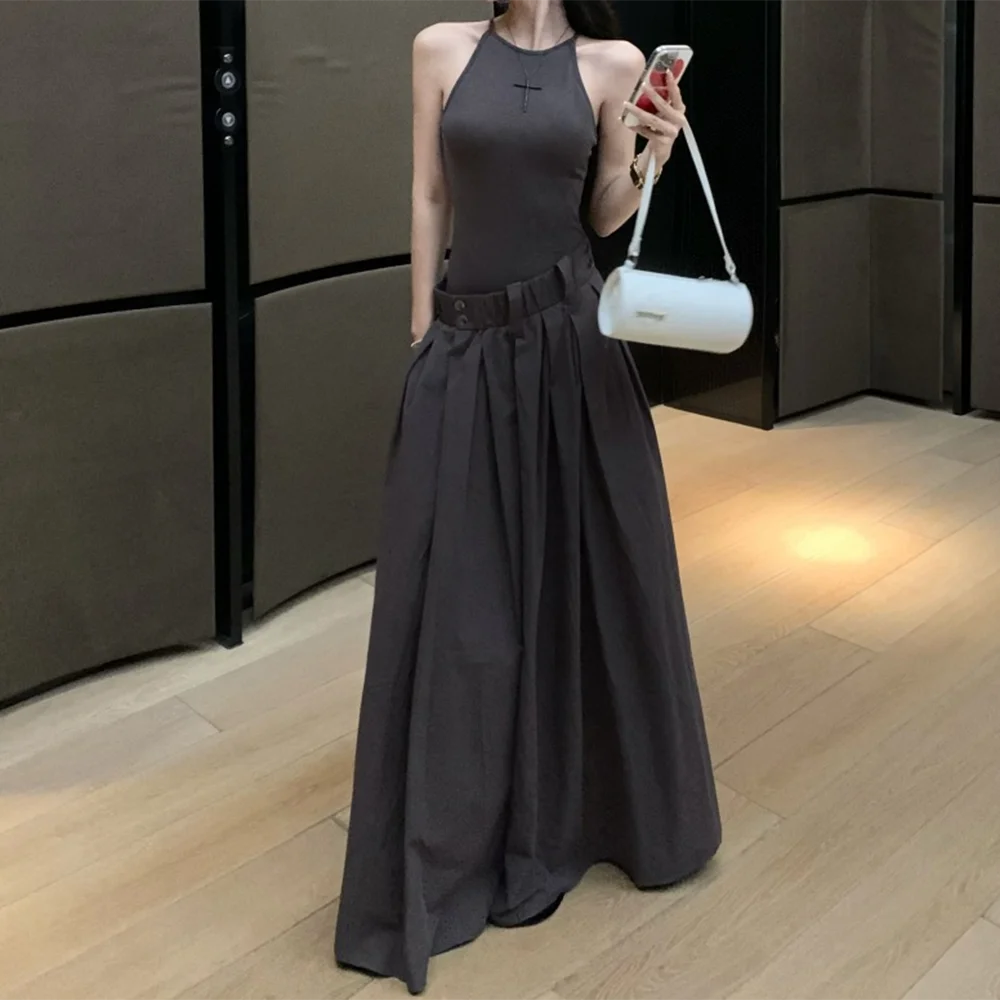 Gray High Waist Button Placket Midi Dress For Women