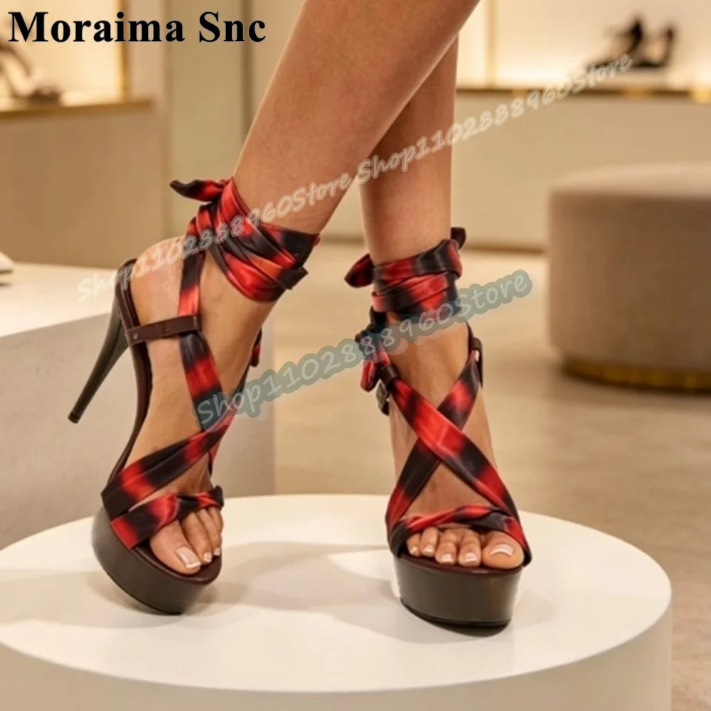 Gradient Color Lace Up High Platform Sandals for Women