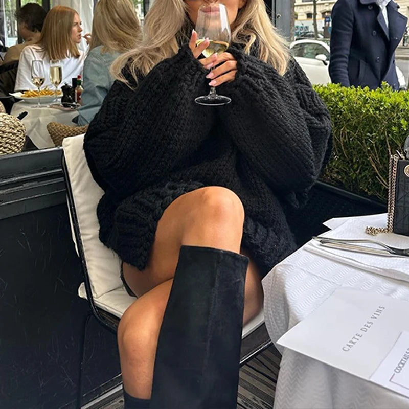 Women Casual Warm Winter Thick Sweater Fall Elegant Turtleneck Solid Knitted Jumper Femme Fashion Long Sleeve Loose Pullover Top