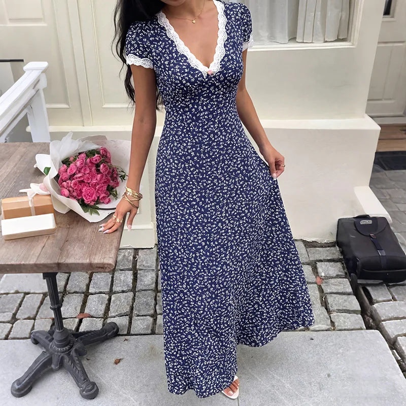 Elegant Patchwork Lace Midi Dress with Casual Print for Women