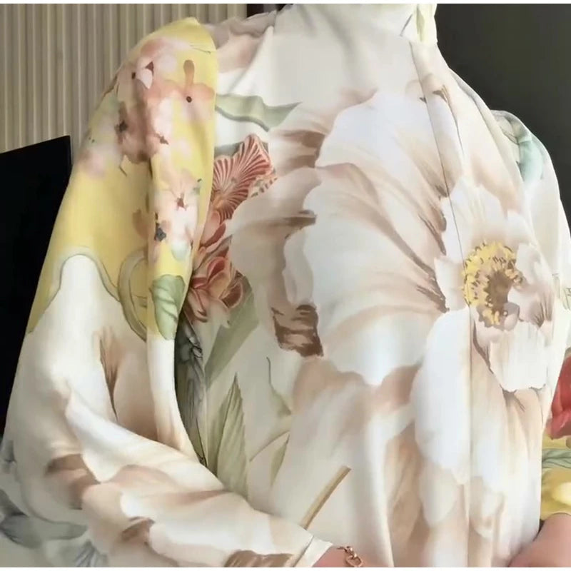 Elegant Print Dress with Stand Collar and Flare Sleeves for Women