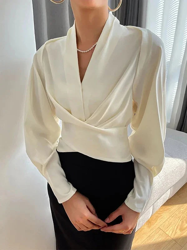 Women's Long Sleeves Solid Color Zipper V-neck Blouses Tops Urban Fashion Pleated Casual Office T-shirts