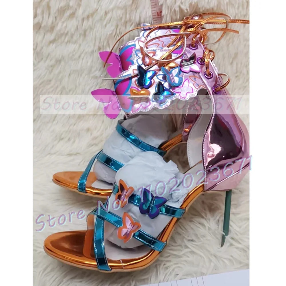 Crystal Butterfly Peep Toe Lace Up Thin Heel Sandals for Women